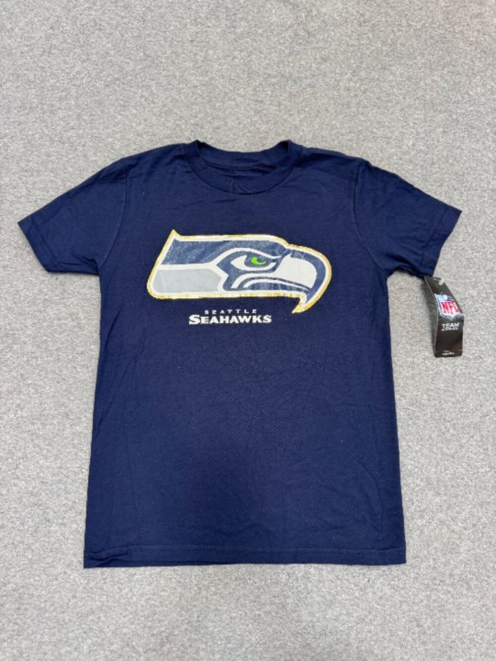 Seattle Seahawks Youth Navy T-Shirt W/ Gold Outlined Logo
